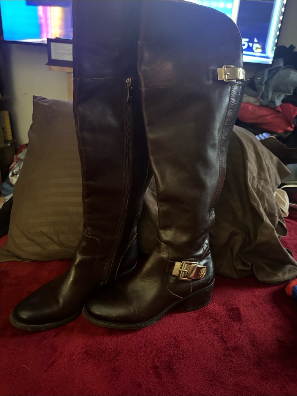 Vince Camuto Tall Buckle Riding Boots in Dark Brown